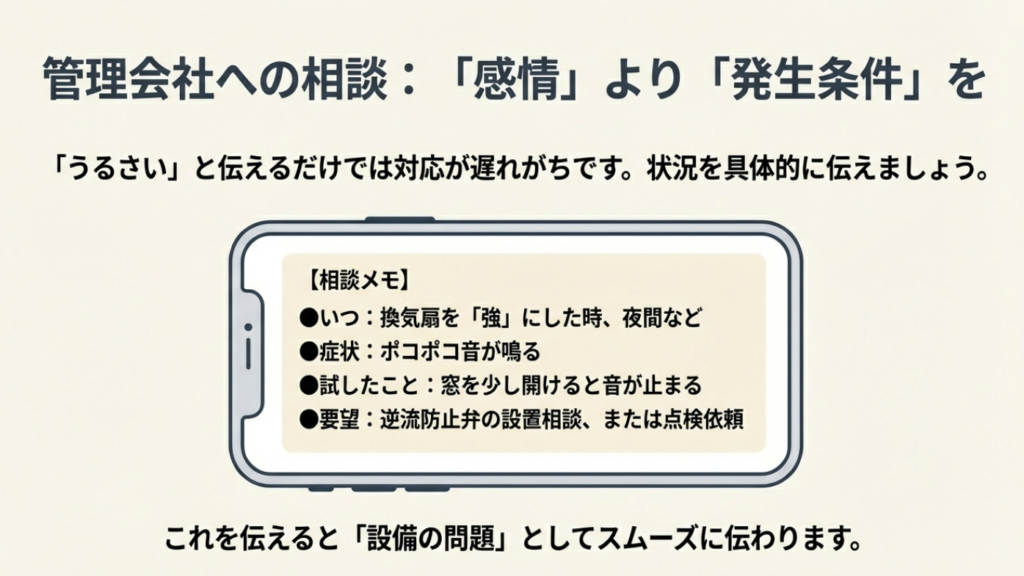 管理会社に連絡する際に伝えるべき項目（いつ、どんな症状か、窓開けテストの結果）をまとめたメモ。
