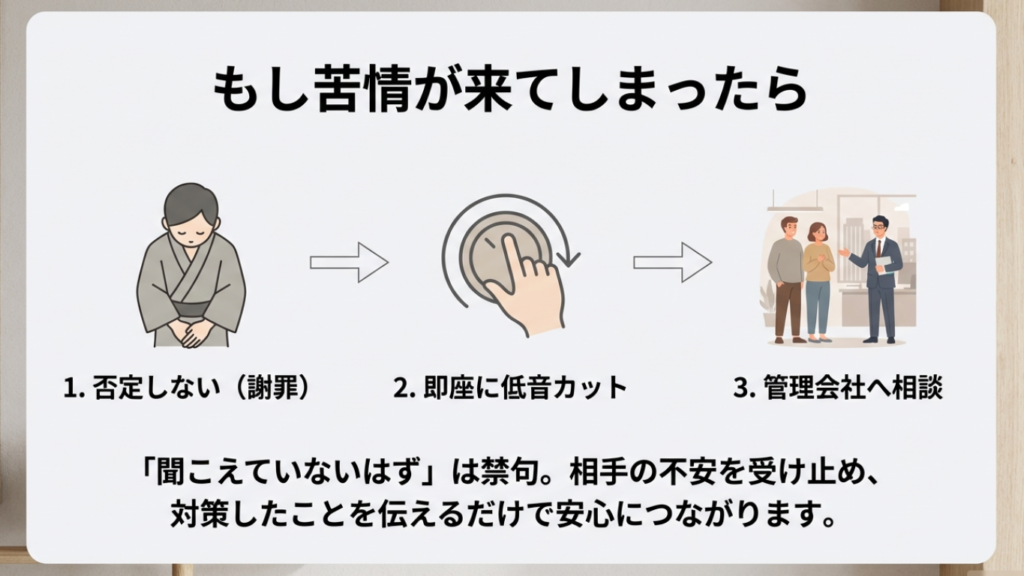 苦情が来たら否定せず謝罪し低音を下げ管理会社に相談する流れ