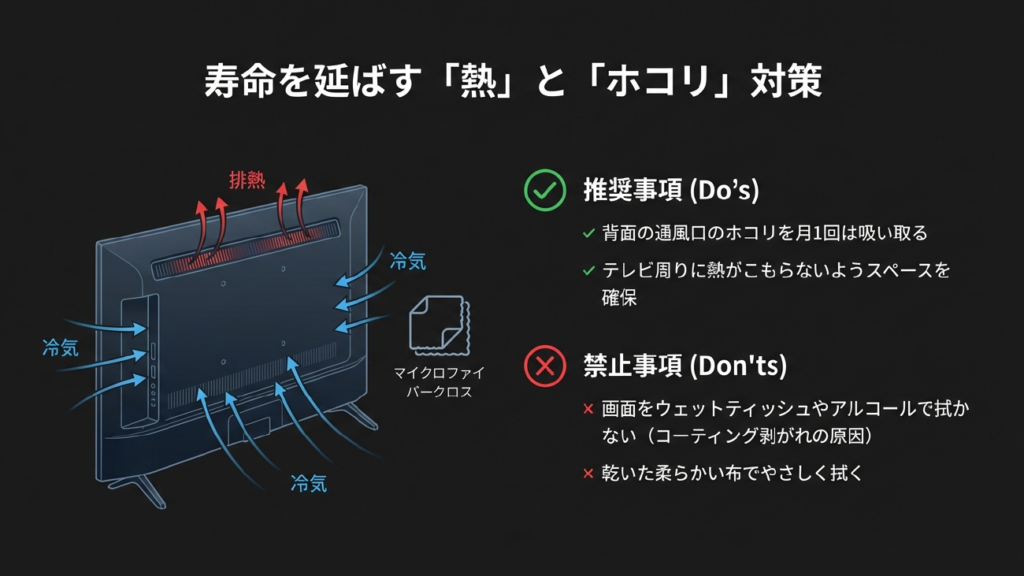 テレビ背面の通風口掃除と排熱対策のポイント図解
