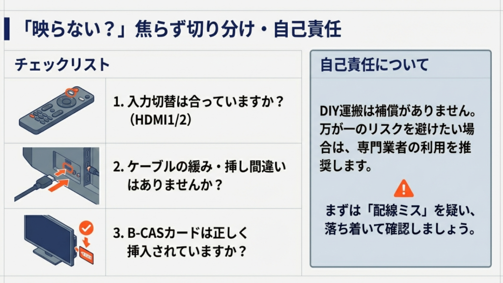 リモコンの入力切替ボタンや、HDMIケーブル、B-CASカードの挿入状態を確認するチェックポイントのイラスト。