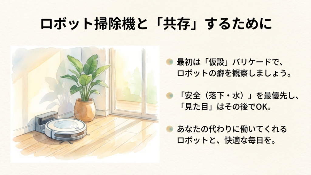 観葉植物の横で充電ステーションに戻っているロボット掃除機の穏やかなイラスト