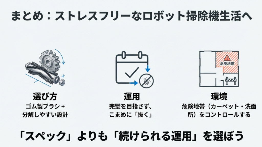ゴム製ブラシの選び方、こまめな運用、危険地帯の環境コントロールの3要素をまとめた図。