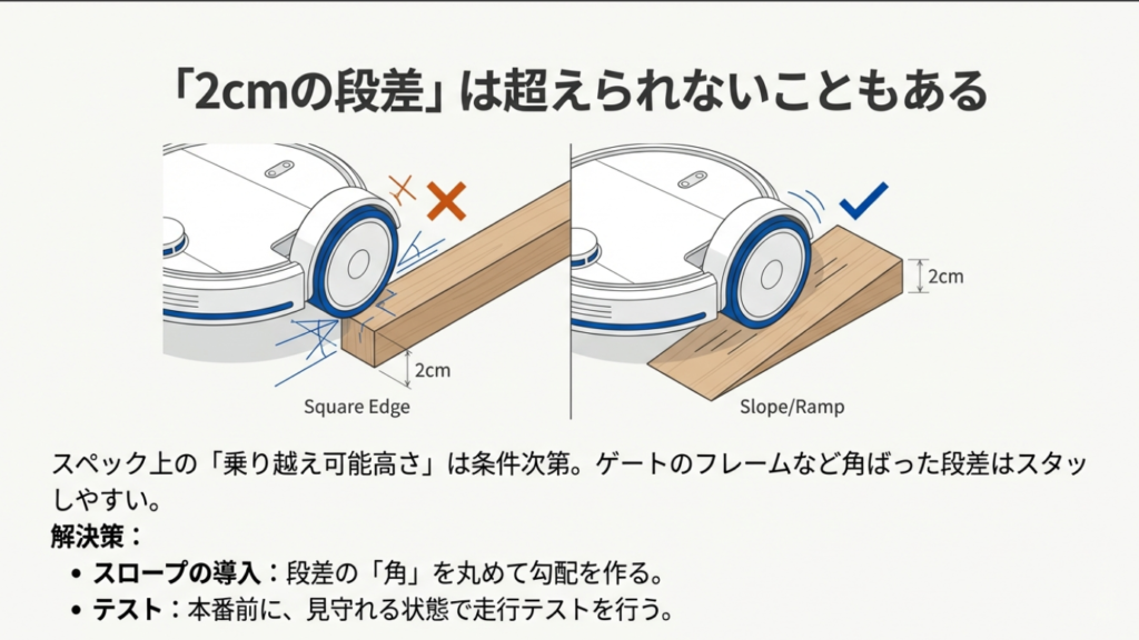 ロボット掃除機が2cmの段差を乗り越えるためのスロープ設置