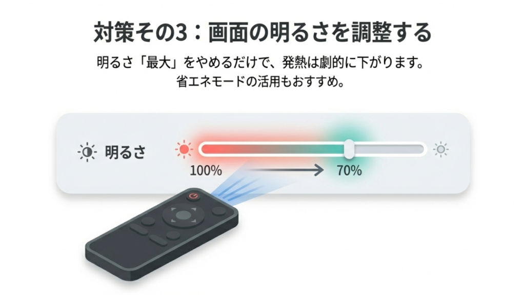 画面の明るさを100%から70%に下げると発熱が下がる比較イメージ