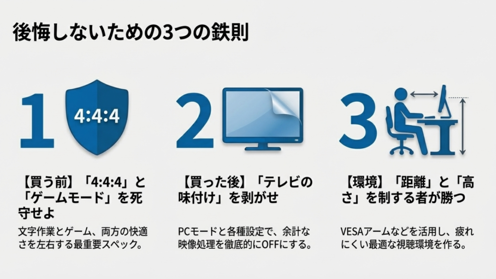 チューナーレステレビをモニター代わりにする成功の鍵。「4:4:4対応」「テレビの味付け設定をオフ」「視聴距離の確保」の3点を要約。