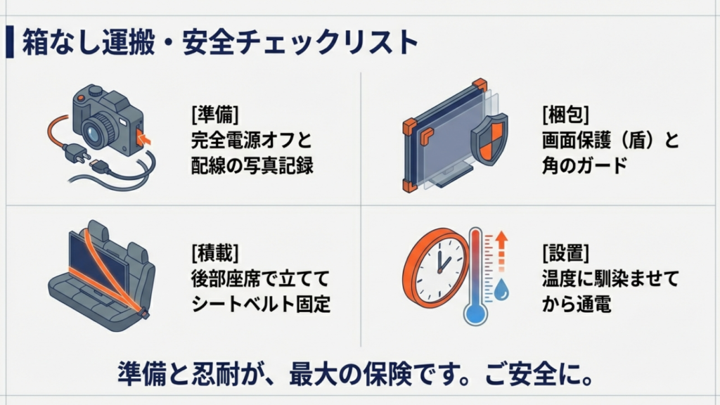 準備から設置までの工程（電源オフ、梱包、積載、設置待機）をまとめた最終確認用チェックリスト。