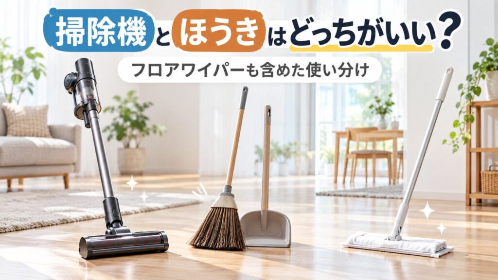 掃除機・ほうき・フロアワイパーの違いと、床材や汚れに合わせた使い分けを解説する記事のアイキャッチ画像