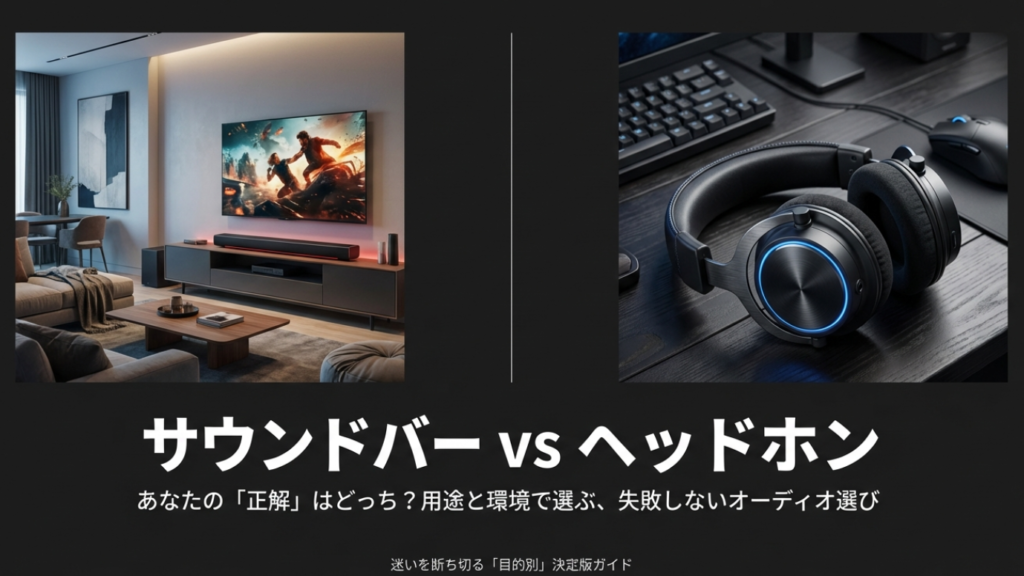 リビングでのサウンドバー利用とデスクでのヘッドホン利用の比較イメージ