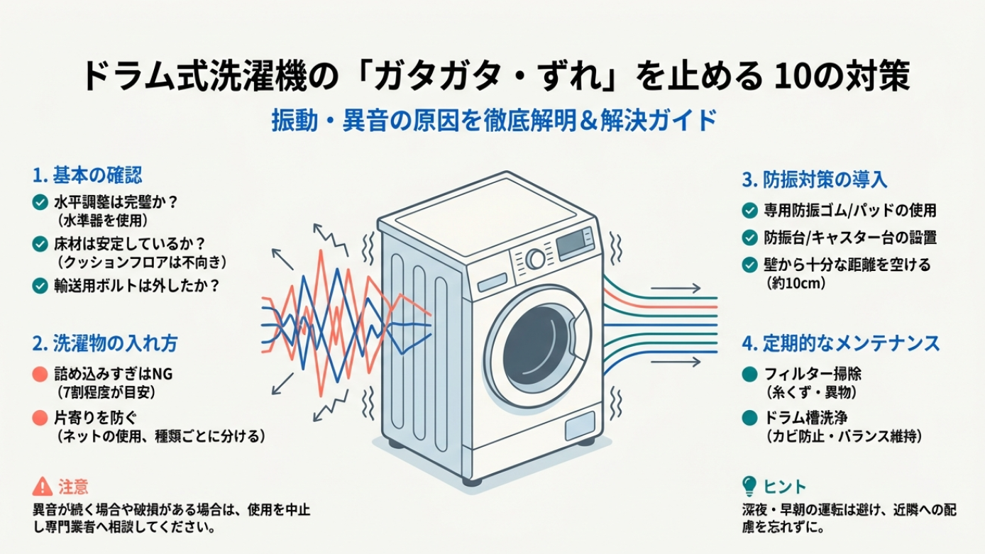【完全版】ドラム式洗濯機がずれる・振動する原因と自分でできる対策10選