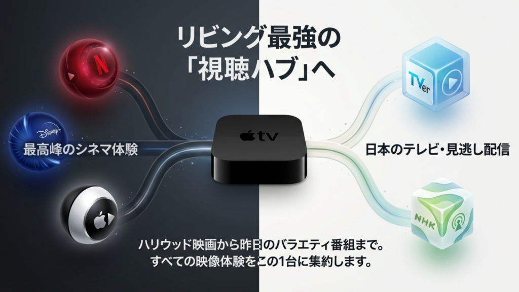リビング最強の視聴ハブ Apple TVはリビング最強の視聴ハブ。NetflixからTVerまで集約