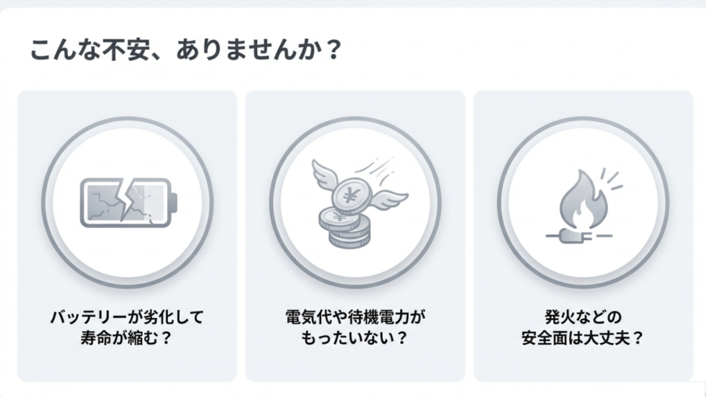 充電しっぱなしによる寿命や電気代、火災などの不安要素のイラスト