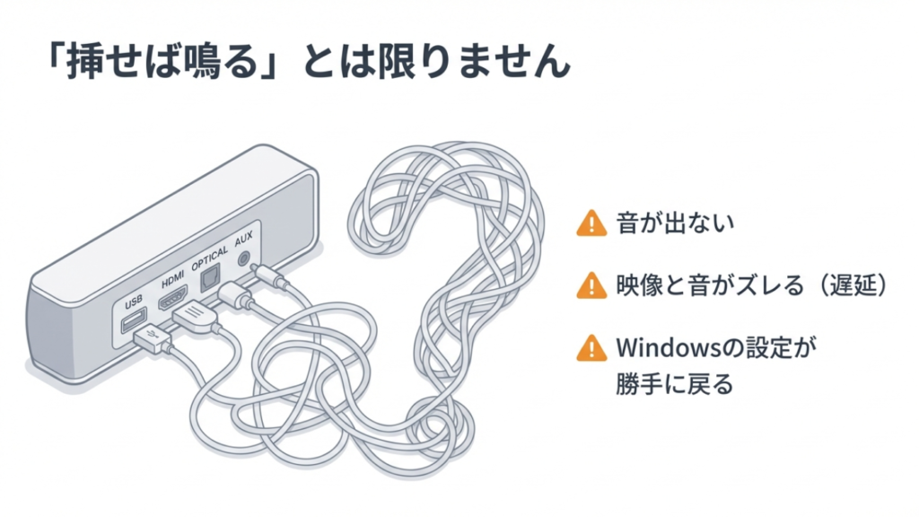 サウンドバー接続のトラブル入口 挿せば鳴るとは限らない、PCサウンドバーの分岐とトラブル