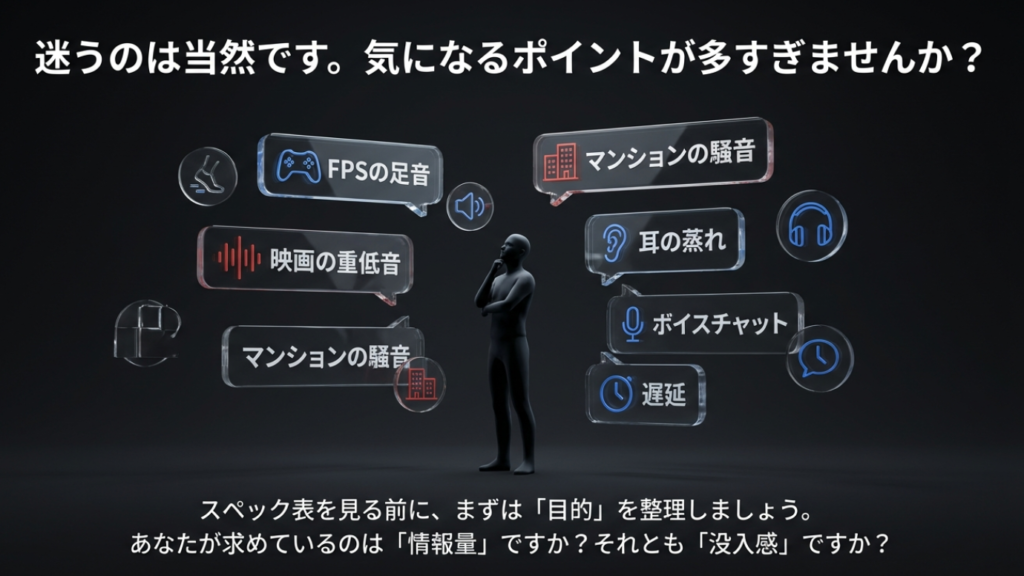 オーディオ選びで迷うポイント一覧：FPSの足音、映画の重低音、マンションの騒音など