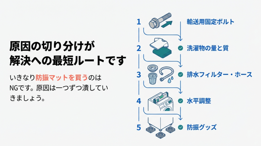 ドラム式洗濯機がずれる原因の切り分け5ステップ ドラム式洗濯機がずれる原因の切り分け5ステップ