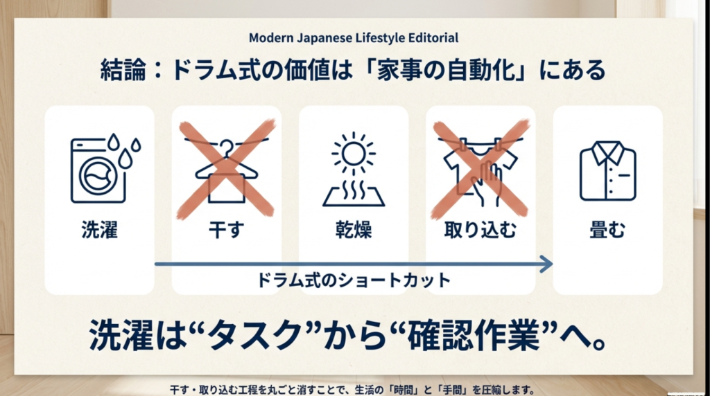 ドラム式洗濯機の価値は洗濯から乾燥までの家事の自動化