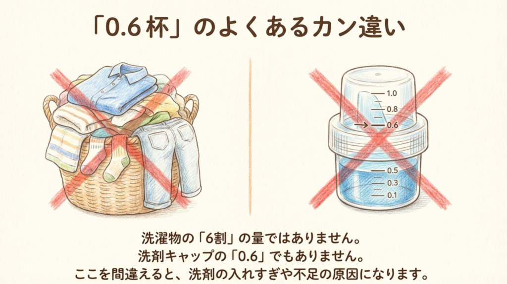 0.6杯のよくある勘違い。洗濯物の6割の量でも、洗剤キャップの0.6でもありません