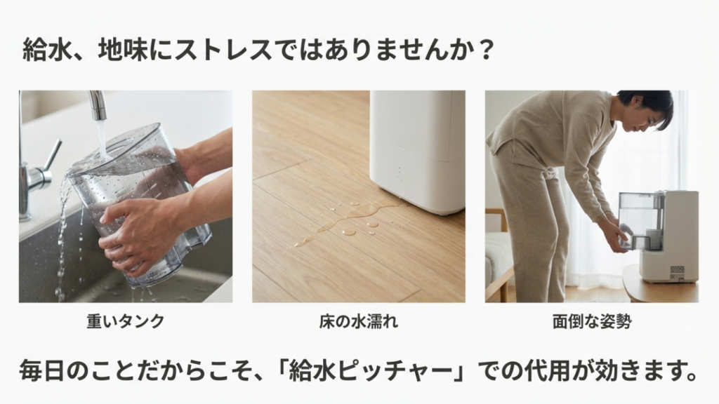 加湿器給水のストレス要因：重いタンクと床濡れ