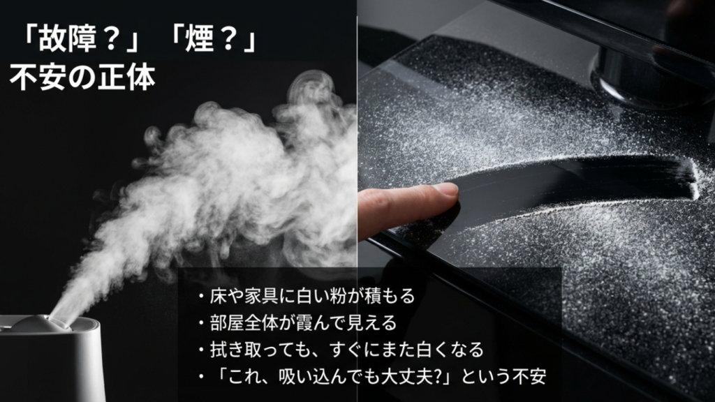 加湿器の白い粉による部屋の汚れや健康不安の症状一覧