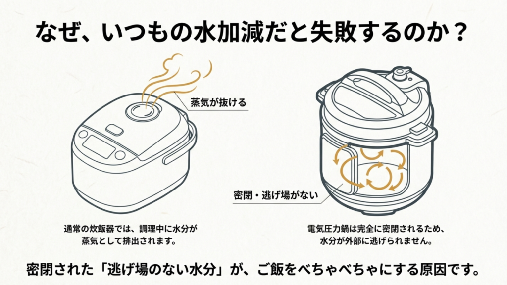 通常の炊飯器は蒸気が抜けるが、電気圧力鍋は密閉され水分が逃げ場を失うためべちゃつきやすい