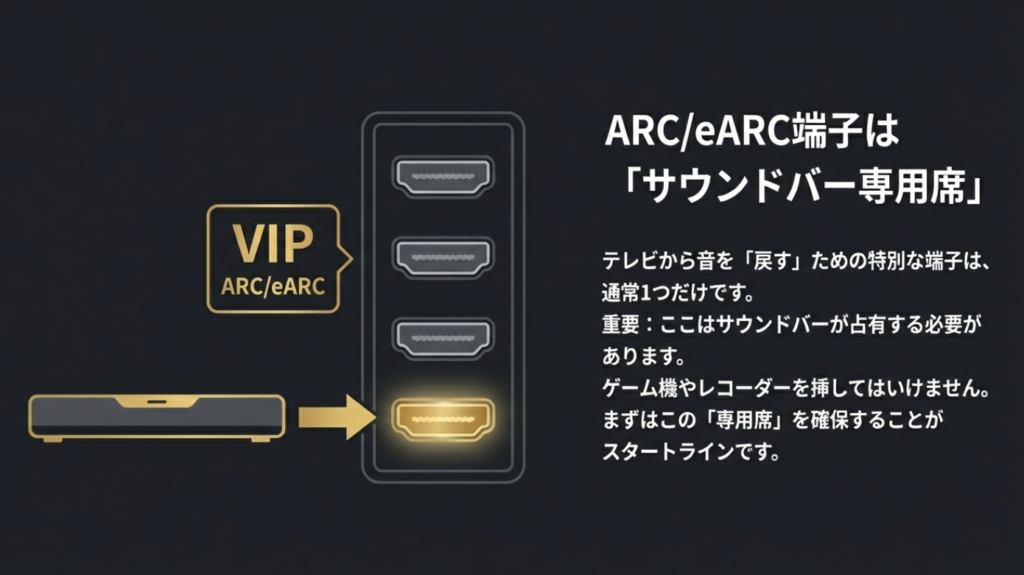 ARC/eARC端子はVIP席 ARC/eARC端子はサウンドバーの専用席
