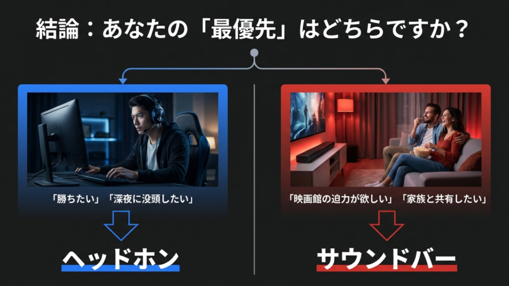 優先順位による選択：勝ちたい・没頭したいならヘッドホン、共有・迫力ならサウンドバー