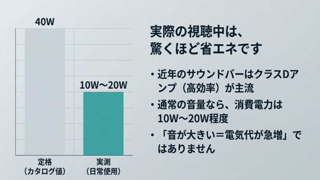 実際の視聴中は驚くほど省エネ サウンドバーの実測消費電力は10Wから20W程度