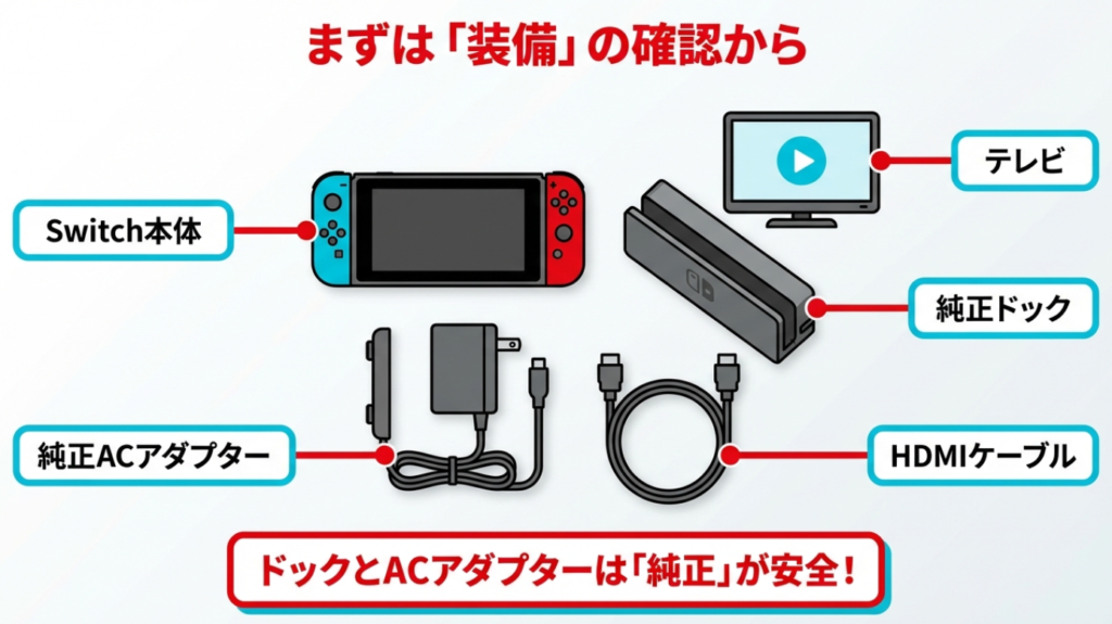 Switch接続の必須機材 Switch接続に必要な純正ドックとACアダプター等の機材一覧