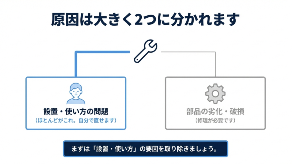 揺れの原因の2大要素 ドラム式洗濯機の揺れの原因は「設置・使い方の問題」と「部品の劣化・破損」の2つ