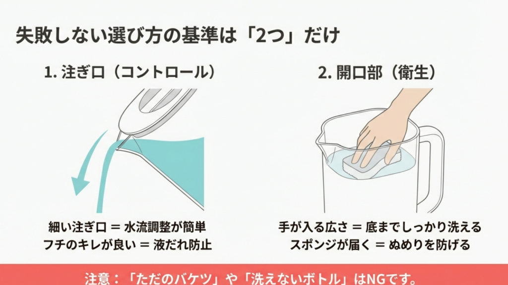 加湿器給水ピッチャーの選び方：注ぎ口と洗いやすさ