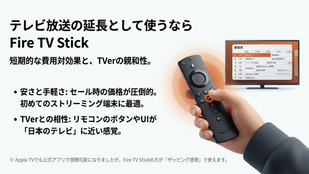 Fire TV Stickのリモコンとテレビ番組表のような画面UI