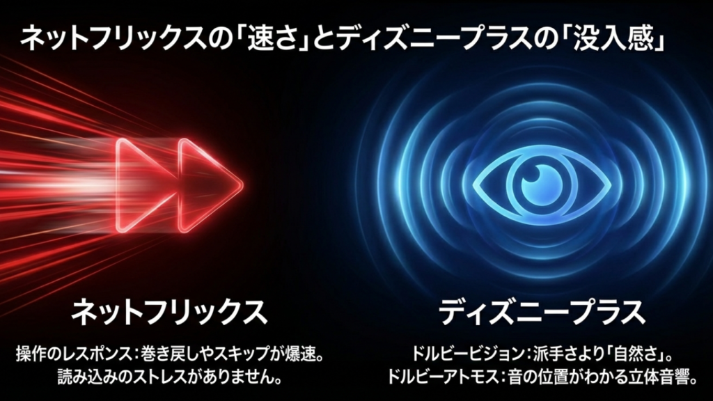 Netflixの速さとDisney+の没入感 Netflixは操作の速さ、Disney+はDolby Visionの没入感が魅力
