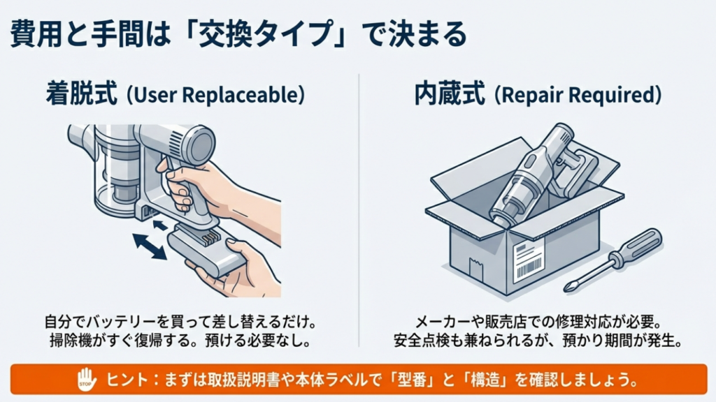 掃除機バッテリー交換タイプ:着脱式(自分で交換)と内蔵式(メーカー修理)の違い