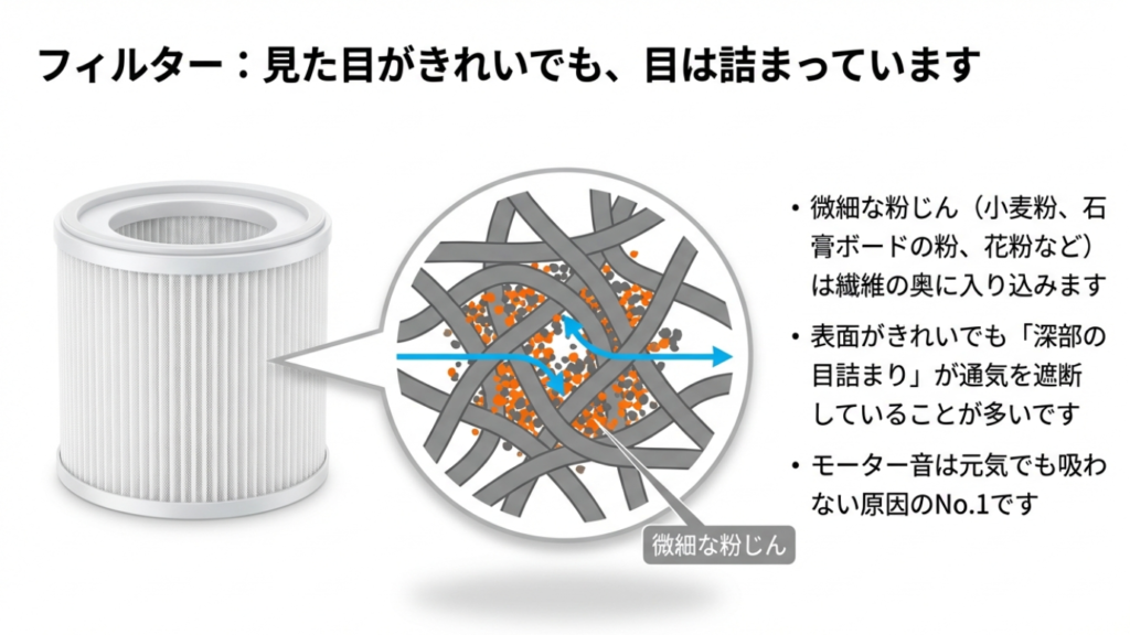 フィルターの繊維奥深くに微細な粉じんが入り込み、通気を遮断している拡大図