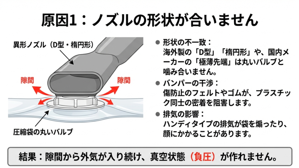 コードレス掃除機の異形ノズルと圧縮袋バルブの隙間図解