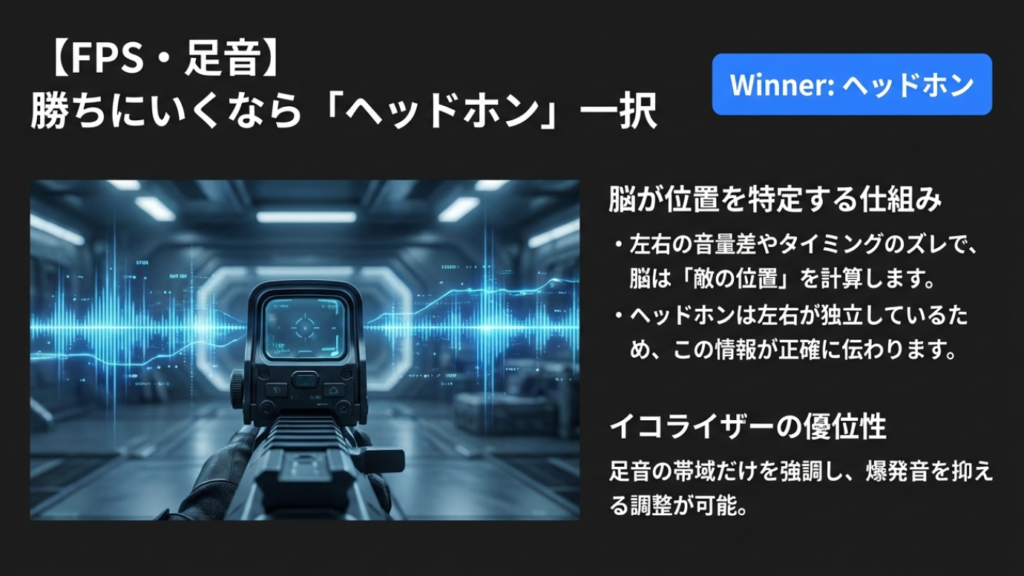 FPSゲーム画面と音の波形イメージ。ヘッドホンによる正確な定位感の図解