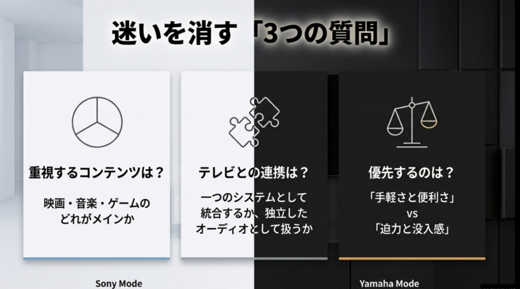サウンドバー選びの3つの質問 迷いを消す3つの質問:重視するコンテンツ、テレビ連携、優先事項