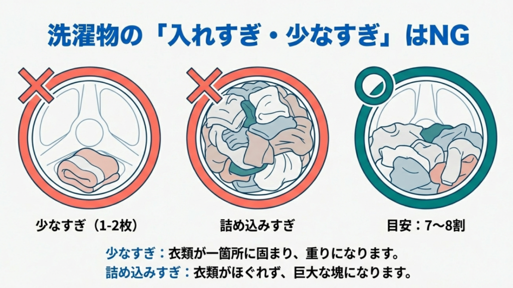 洗濯物の入れすぎ・少なすぎによる偏りと振動 洗濯物の入れすぎ・少なすぎによる偏りと振動