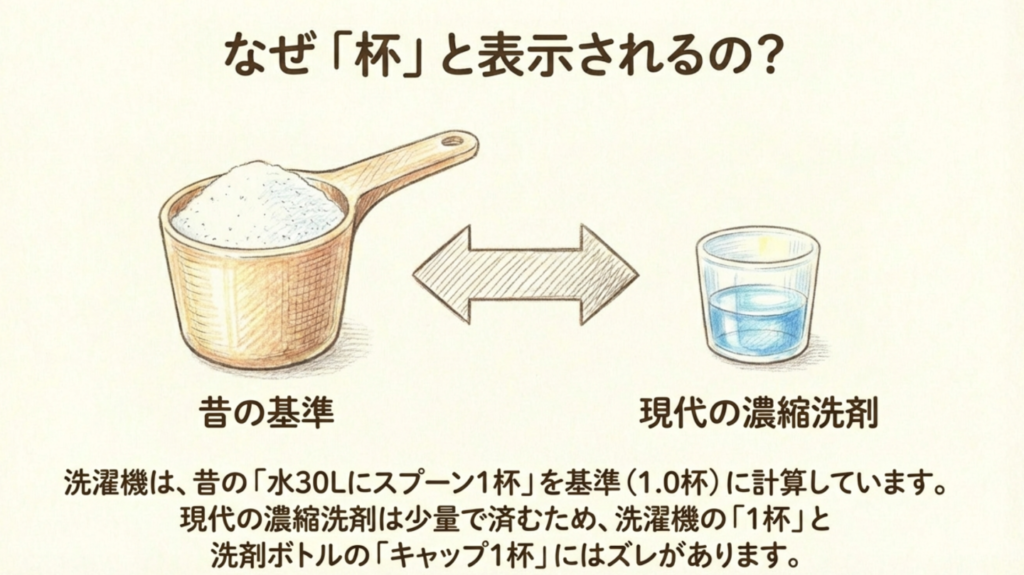 なぜ杯と表示されるのか？昔の基準（水30Lにスプーン1杯）と現代の濃縮洗剤のズレを解説