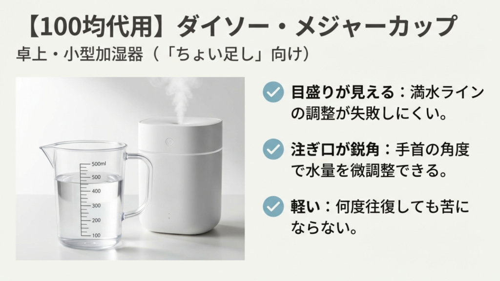 ダイソーメジャーカップでの加湿器給水活用法