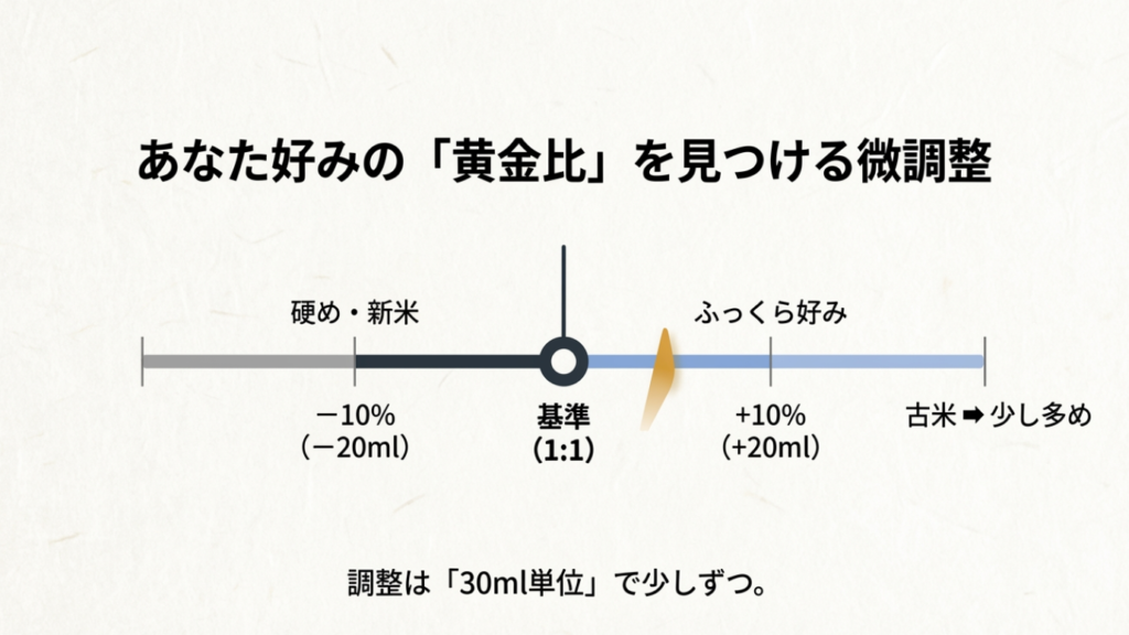 水加減の微調整方法。硬め・新米は-10%、ふっくら好みは+10%。30ml単位で調整する
