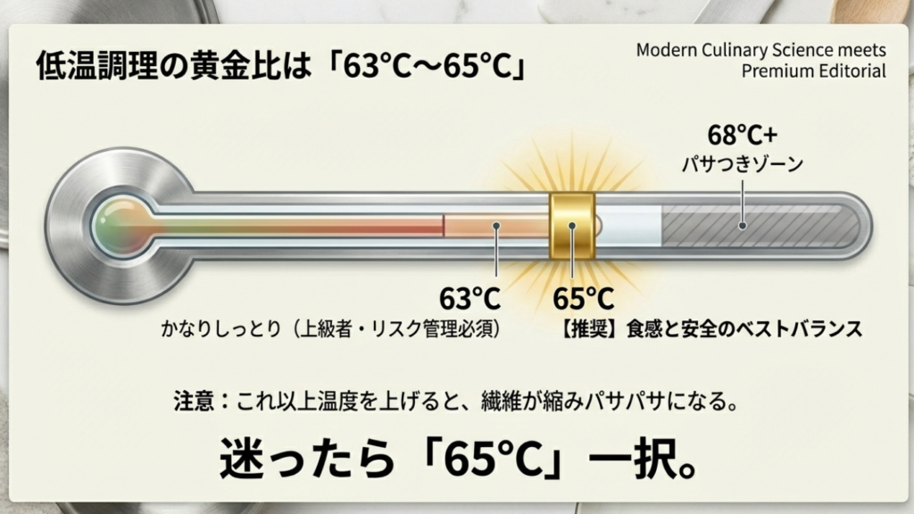 65℃が現実的な最適解である理由 加熱温度による肉の食感と水分量の変化を示すグラフ。65℃が安全としっとりのバランスが良い。
