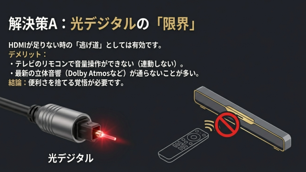 光デジタル接続の限界 光デジタル接続ではテレビリモコンと連動しないデメリット
