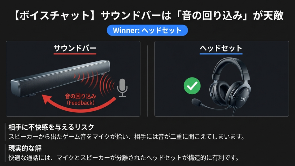 サウンドバー使用時のボイスチャット音の回り込みと、ヘッドセットの快適さの比較図
