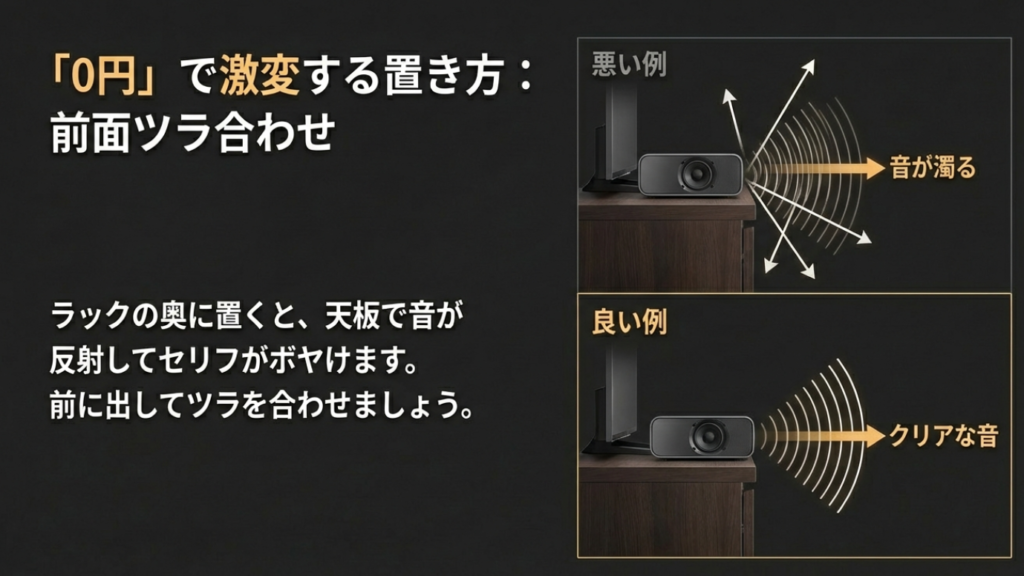 ラックの奥に置く悪い例と前面に合わせる良い例の音質比較図