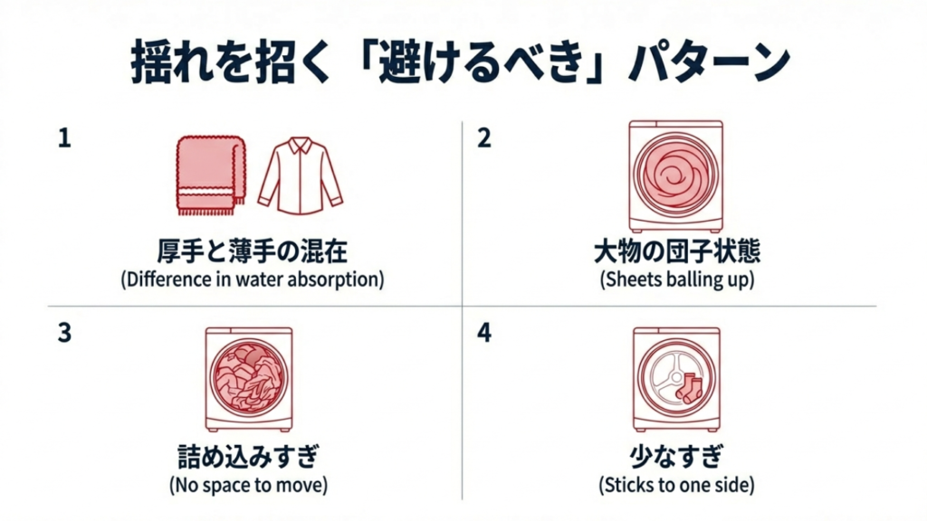 揺れを招く洗濯物の入れ方 厚手と薄手の混在、大物の団子状態、詰め込みすぎなど揺れを招くパターン