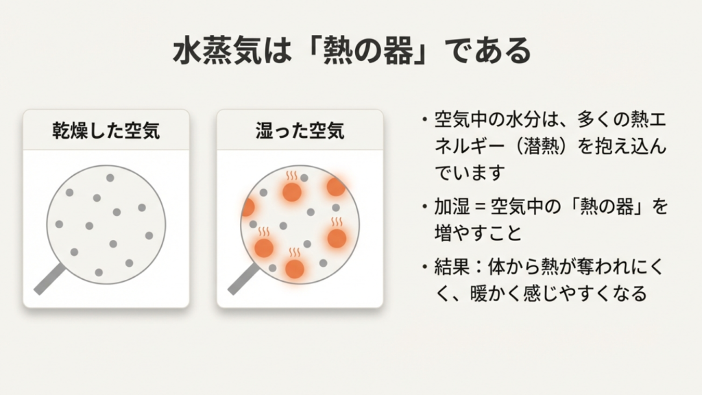 空気中の水蒸気が熱エネルギー（潜熱）を抱え込む「熱の器」であることの図解