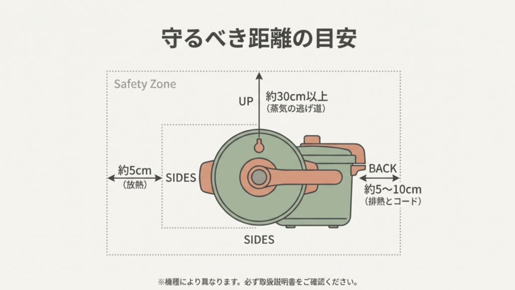 守るべき距離の目安 電気圧力鍋を安全に置くための離隔距離(上方30cm、背面5〜10cm)