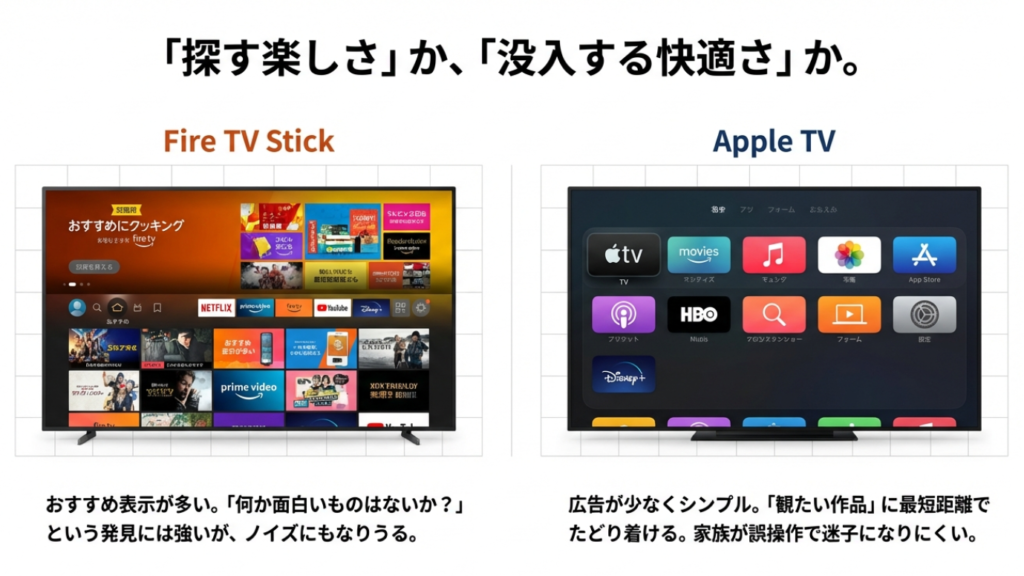 広告が多いFire TVのホーム画面とシンプルなApple TVのホーム画面の比較