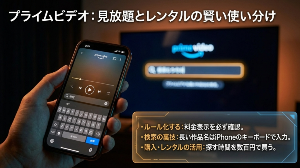 Prime Video活用のコツ Prime Videoは見放題とレンタルをルール化。検索はiPhoneキーボードで