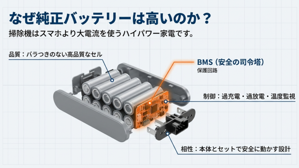 純正バッテリーが高い理由:高品質セル、BMS保護回路、安全制御設計のコスト